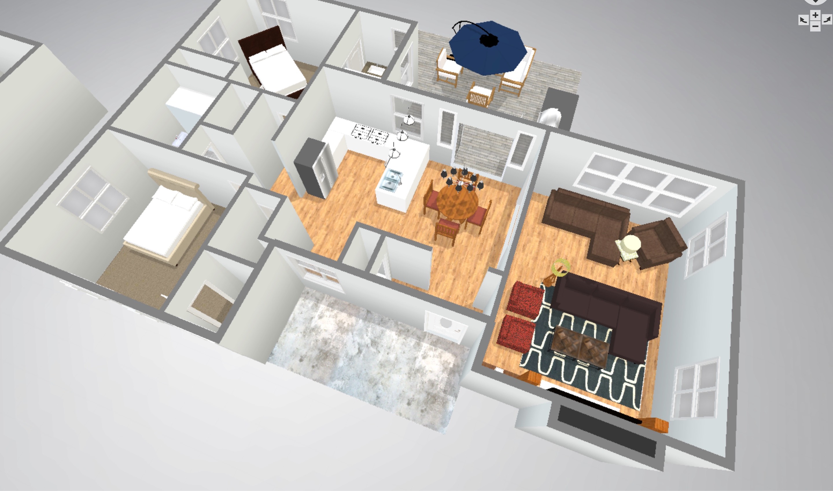 A furnished HomeDiary 3D floor plan showing living spaces, bedrooms and a patio