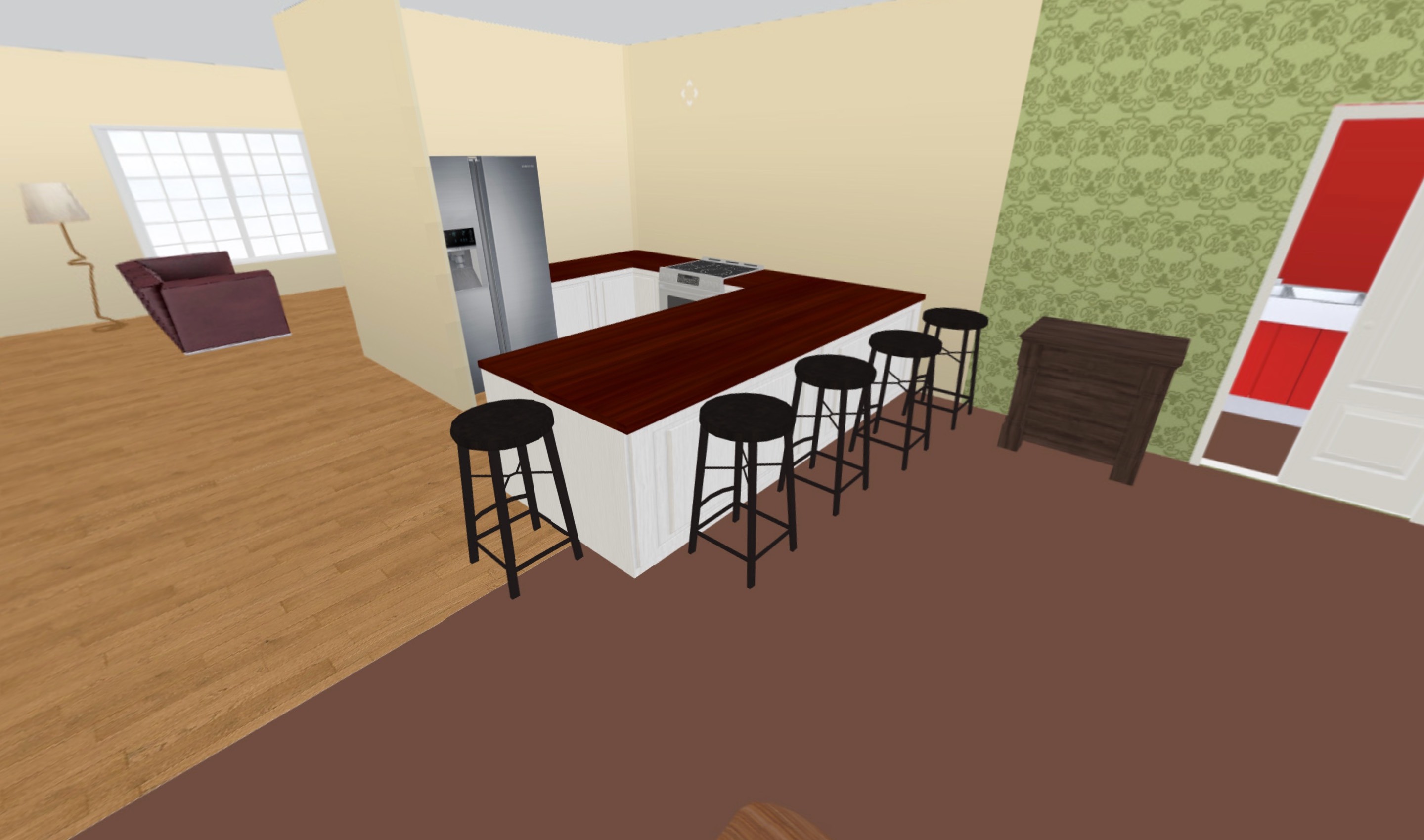 HomeDiary 3D view of a kitchen with island seating