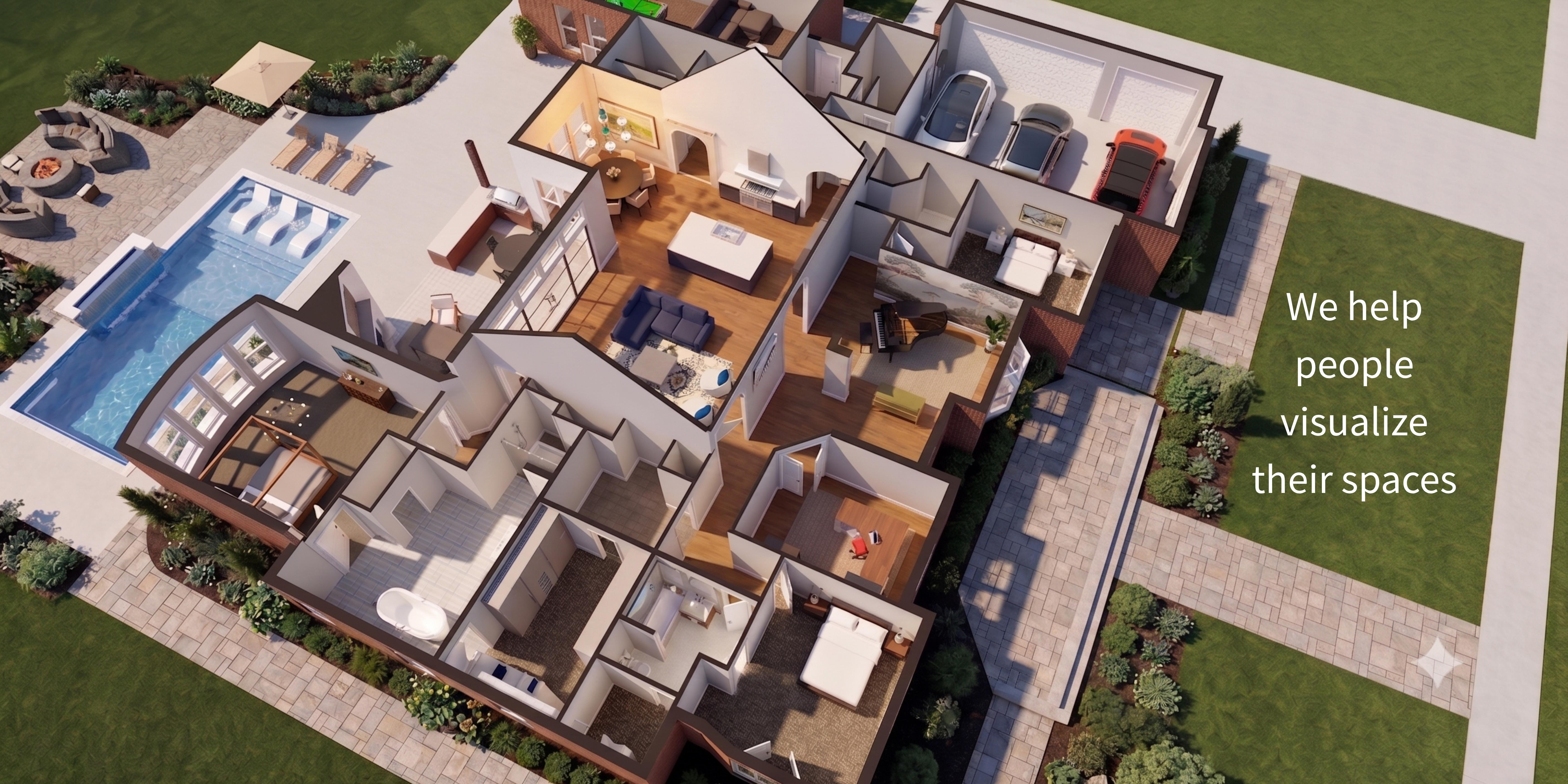 Rendered 3D cutaway of a home with furnished rooms, a garage and a backyard pool